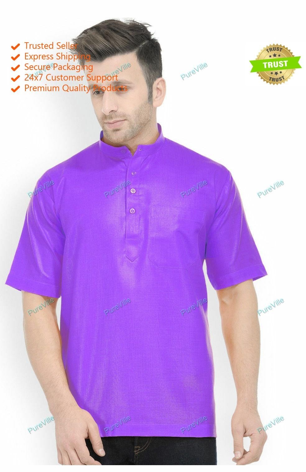 Mens Kurta Cotton Indian Kurta Shirt Big and tall Purple Solid Loose Fit S 7XL