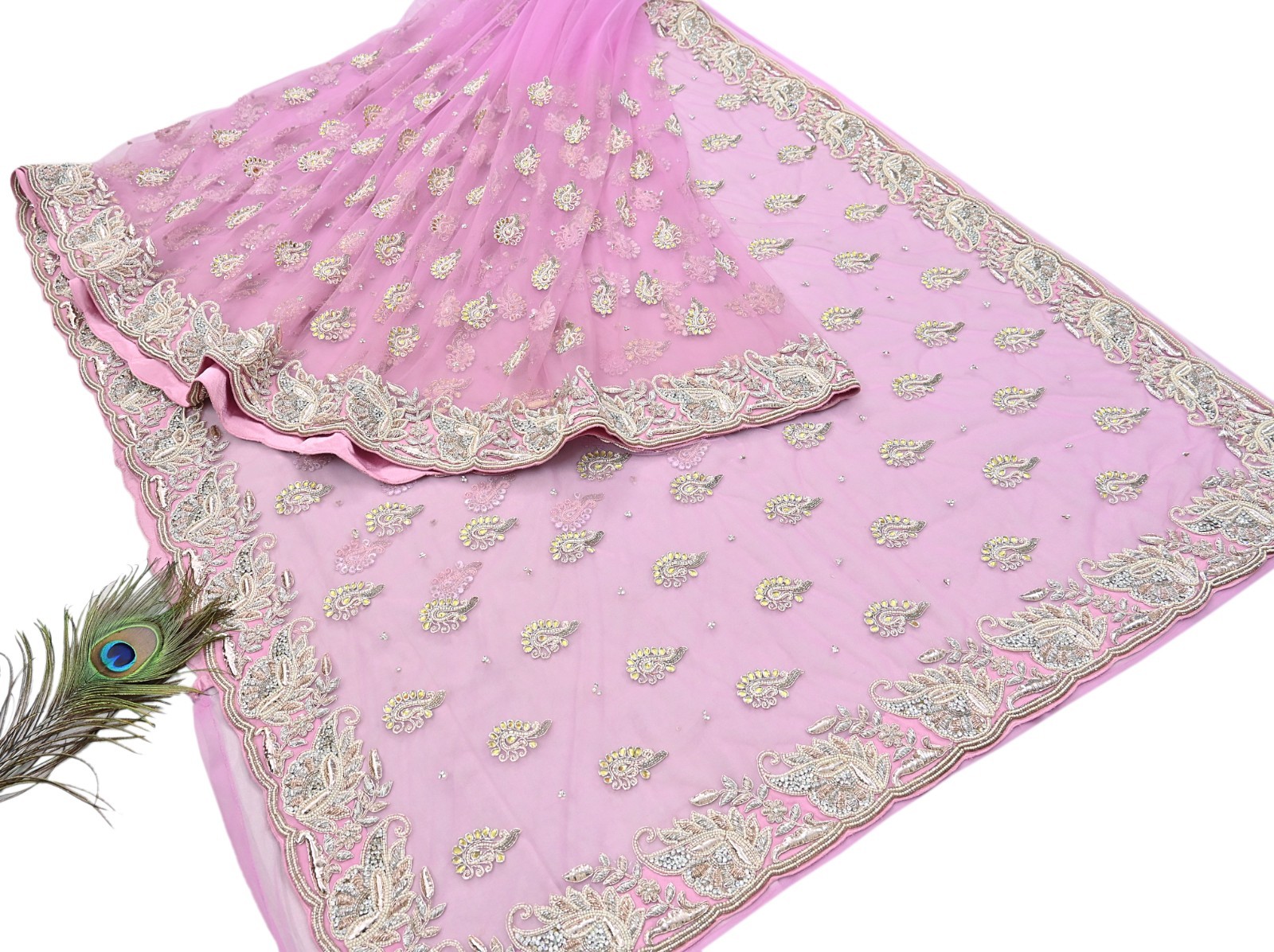 Indian Vintage Sari Pink Net/Mesh Hand Embroidered Anamika Khanna Designer Saree