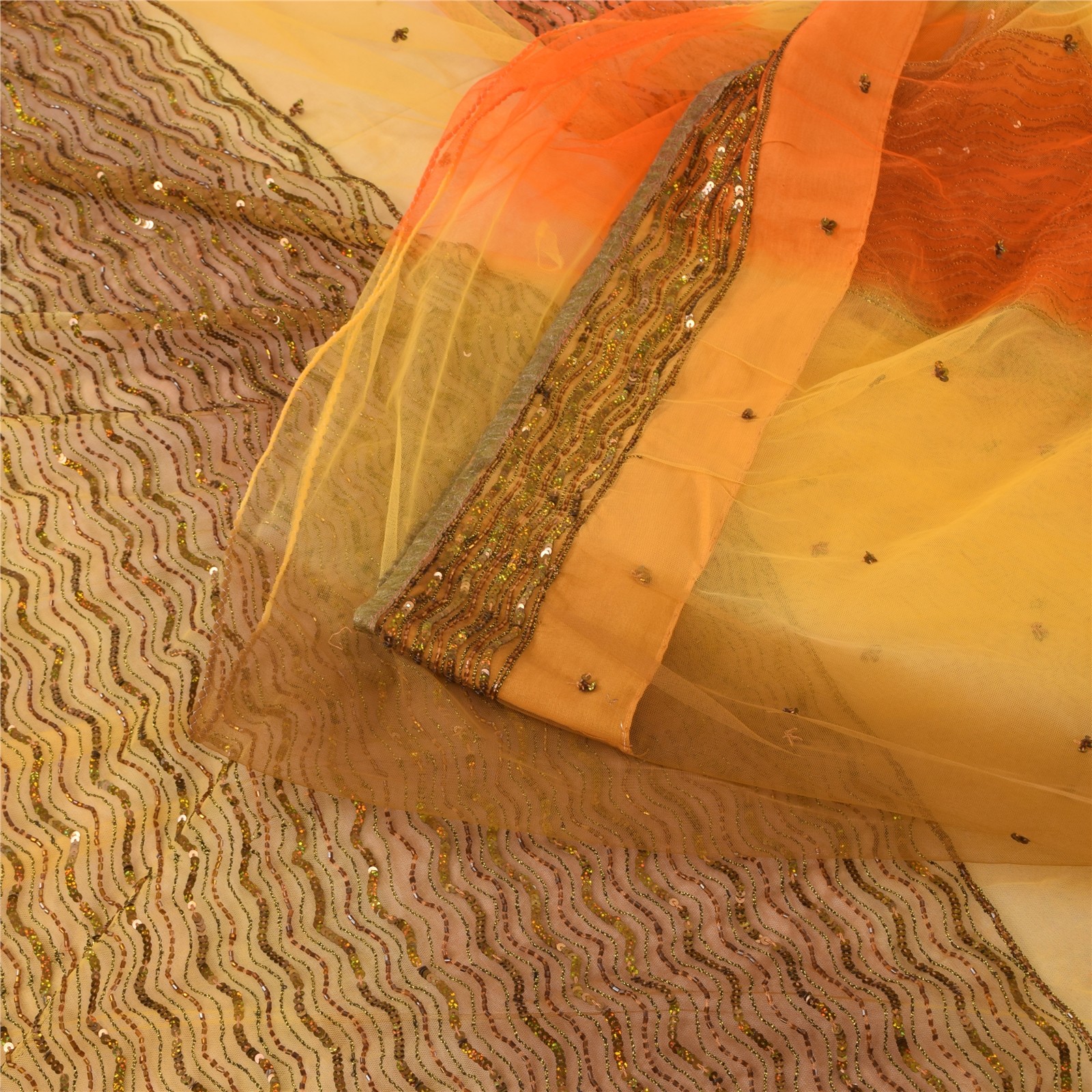 Sanskriti Vintage Yellow/Orange Sarees Net Mesh Hand Beaded Ethnic Sari Fabric