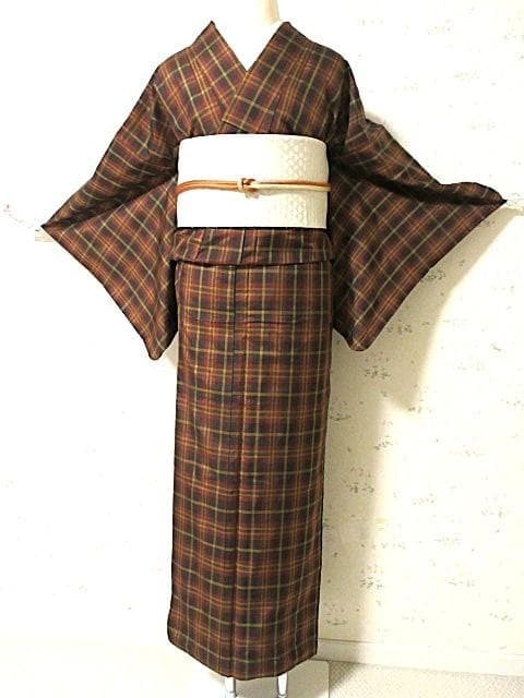 Kimono Tartan Check Silk Robe Size 9 Elegant Coffee Wine Ochre AllSeason Vintage