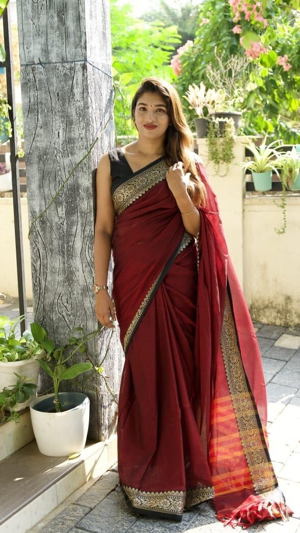 Women Hand Loom Pure Cotton Khadi Saree With Bp Ethnic Daily Wear Marroon Sari