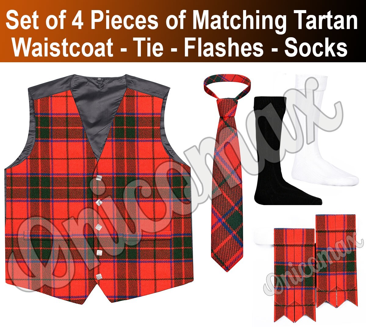 Tartan Kilt Vest for Men SCOTTISH Waistcoat Bias Cut 5 Button Flashes Tie Socks