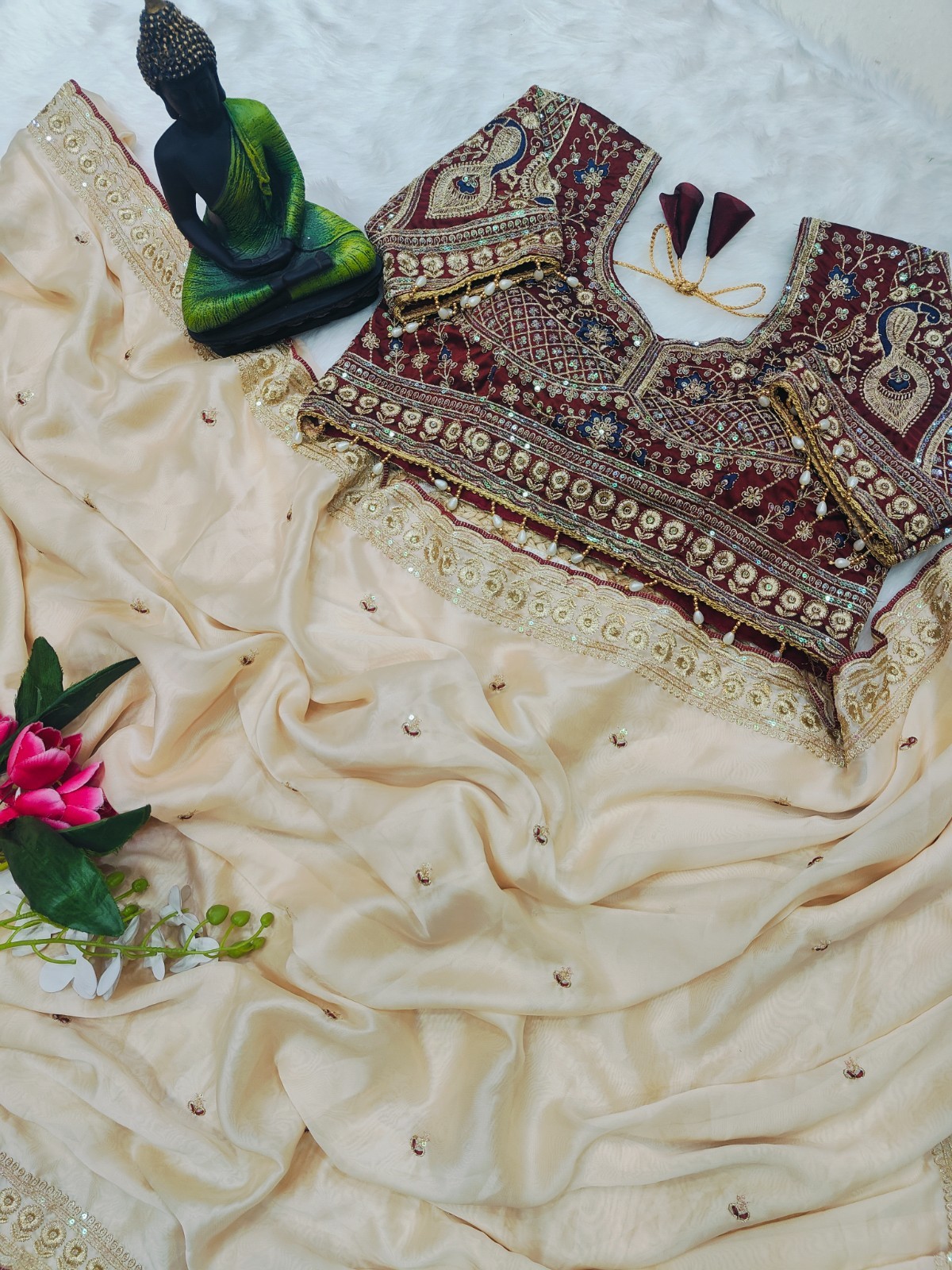 Off White Organza Saree Heavy Embroidered Designer Maroon Blouse Wedding Wear