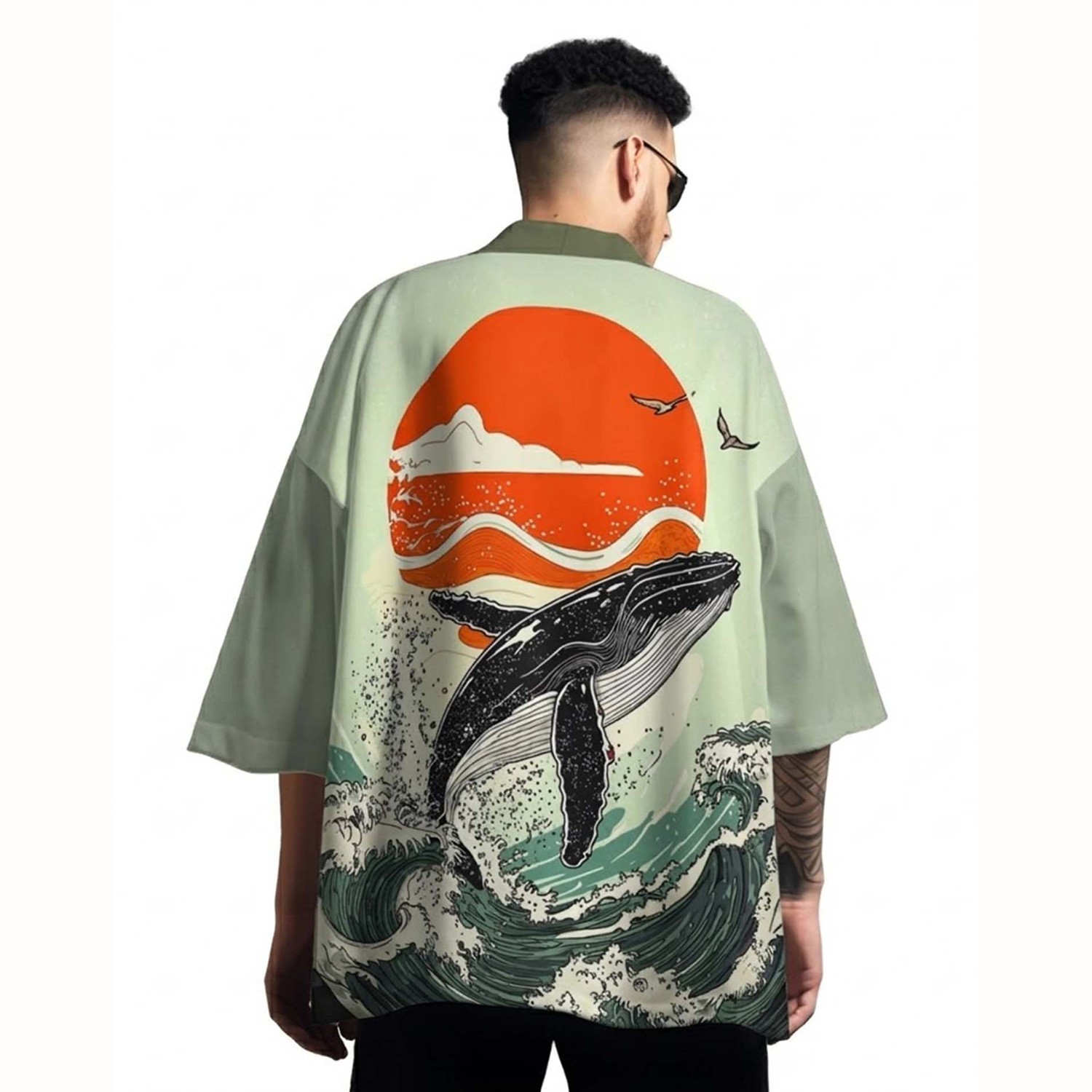 Niepce Men’s Japanese Graphic Lightweight Green Whale Kimono Cardigan Shirt Top