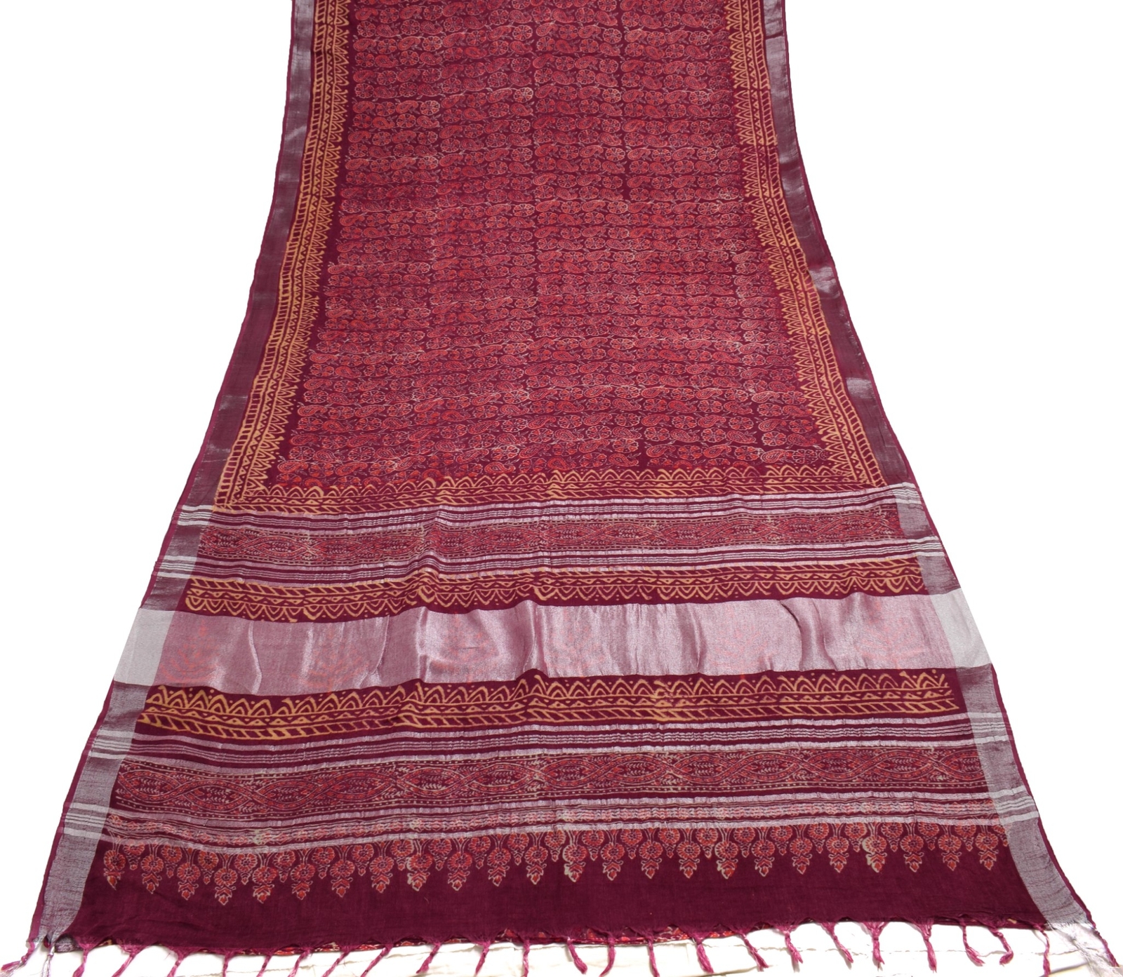 Sushila Vintage Maroon Hand Block Printed Saree Pure Cotton Woven Sari Fabric