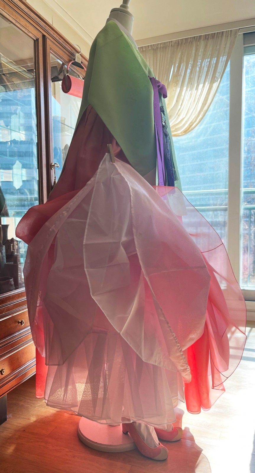 Korean Traditional Dress Dangui Hanbok Set-Green & Peach/Petticoat 2 Norigae Bag