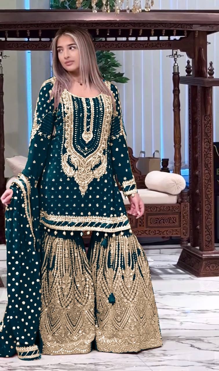Indian Style Georgette Teal Green Top Sharara With Fancy Dupatta For Wedding