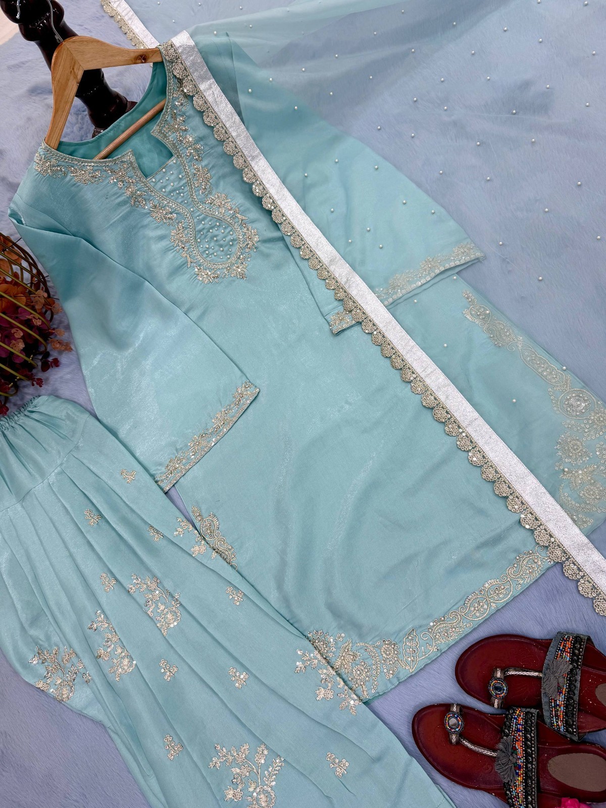 Beautiful Roman Glass Silk Sky Blue Salwar Kameez With Dupatta For Party Wear