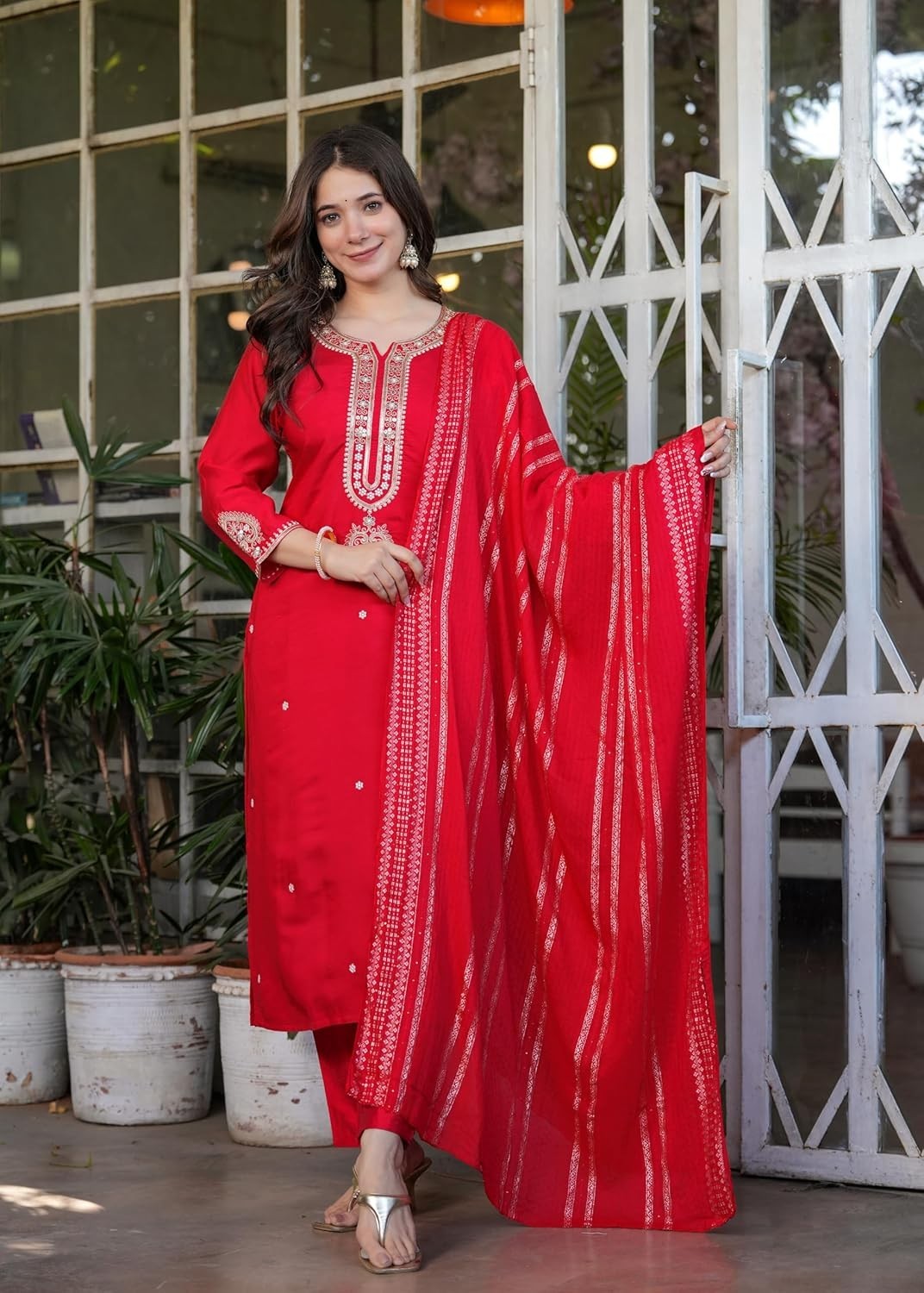 Women Embroidered Viscose Chanderi Fabric Straight Kurta, Pant and Dupatta Set