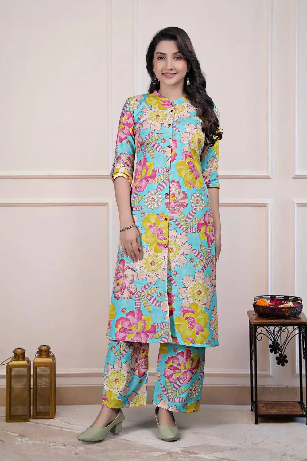 Women’s Floral Print Cotton Kurta with Matching Palazzo Pants Set in Sky Blue