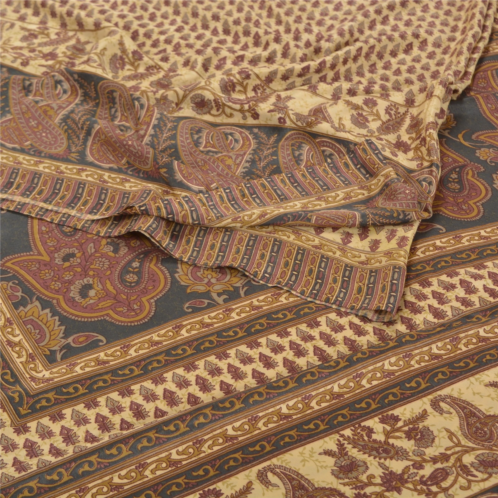 Sanskriti Vintage Cream Indian Sarees Moss Crepe Printed Sari Soft Craft Fabric
