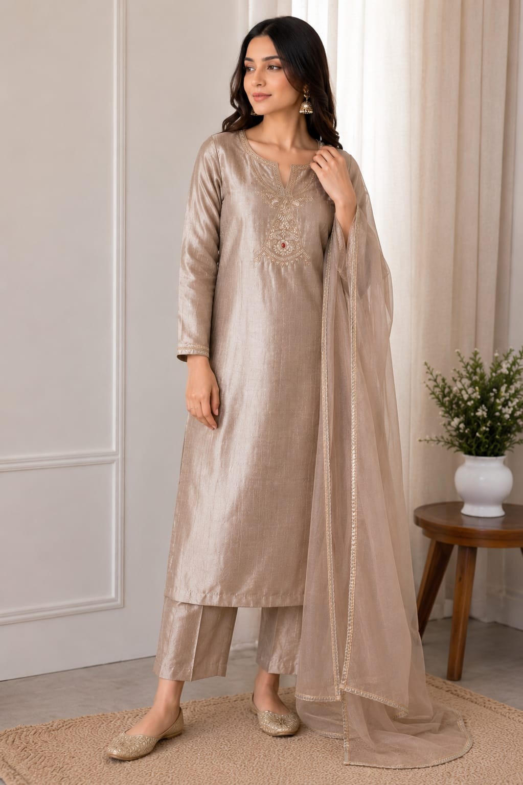 Luxury Light Golden Tissue Silk Hand Embroidered Salwar Suit Set with Organza…