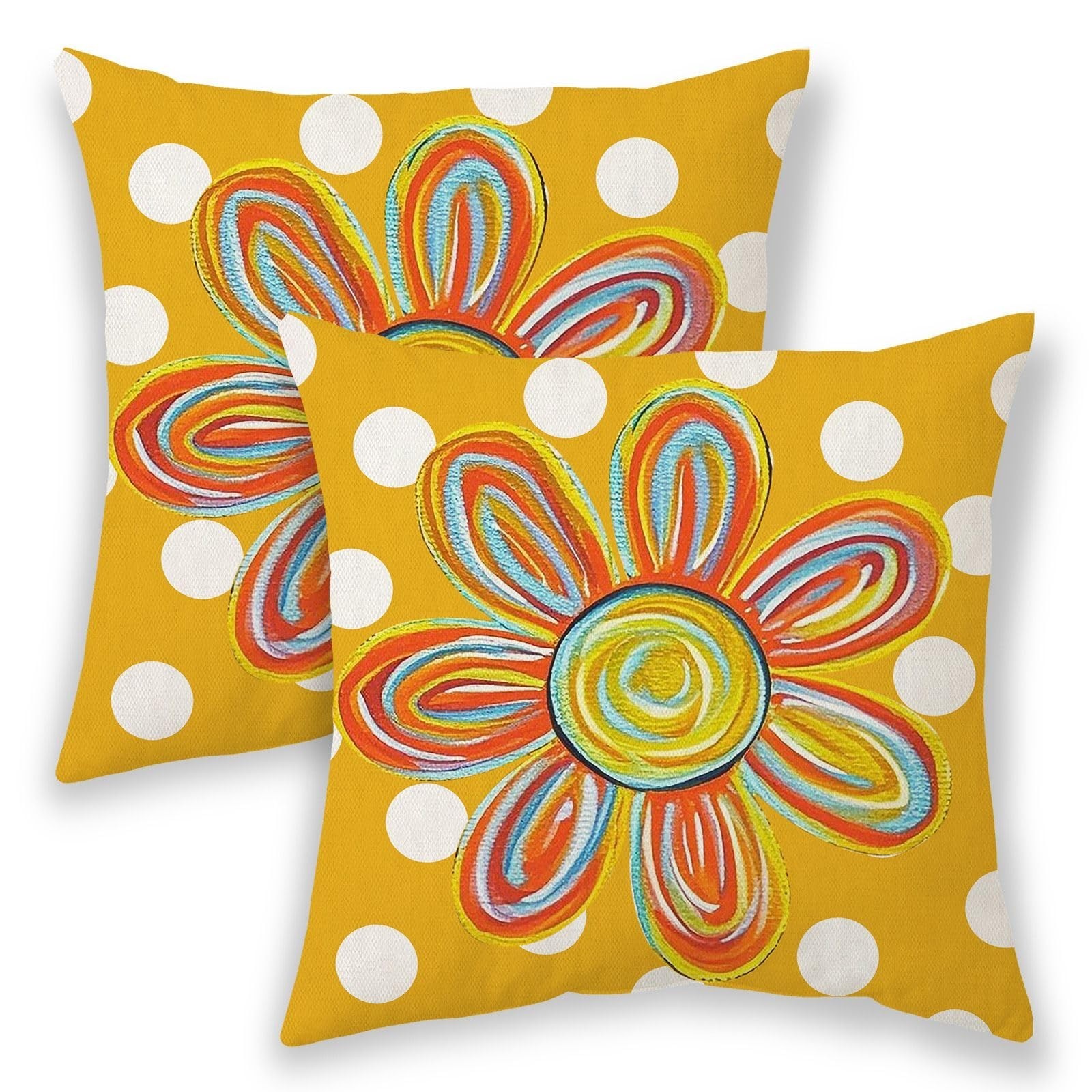 Mustard Yellow Floral Pillow Covers 18×18 Inch 2 Pcs,Polka Dot Colorful Flowe…