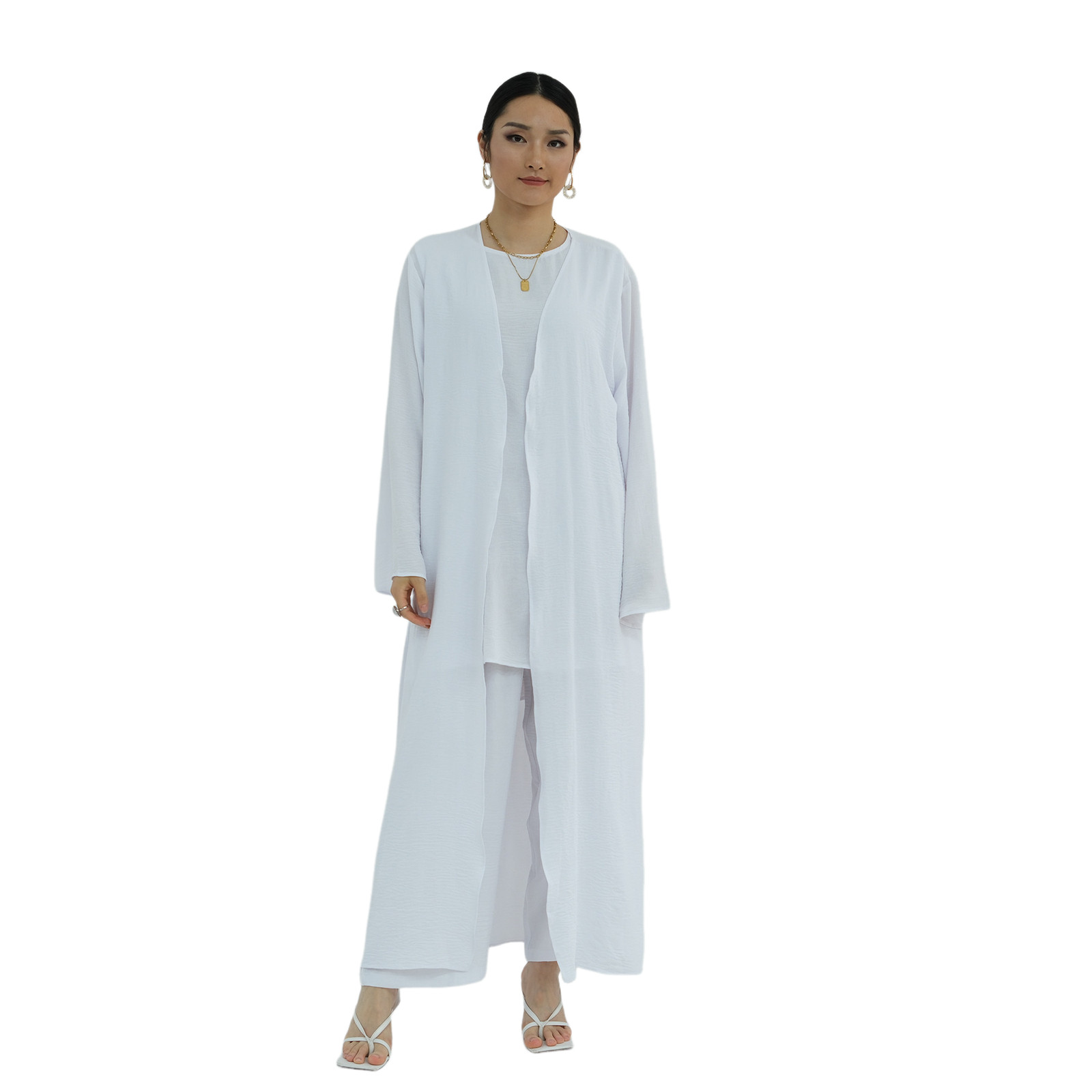 3pcs Muslim Women Open Abaya Cardigan+Top Blouse+Long Pants Sets Islamic Outfits
