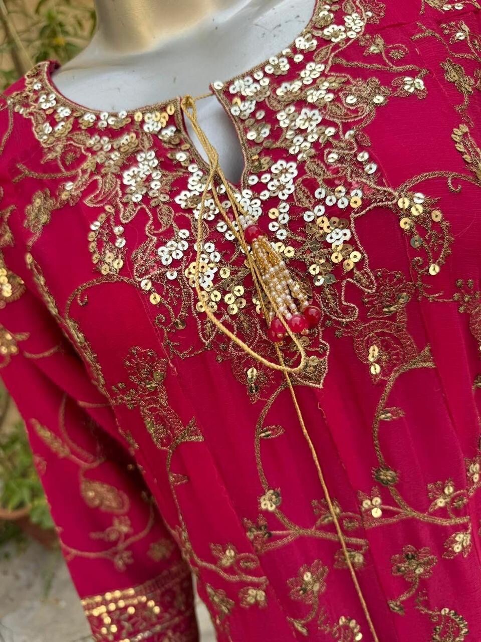 Pakistani Hot Pink Long Maxi Style Embroidered Sequins Chiffon Dress,L