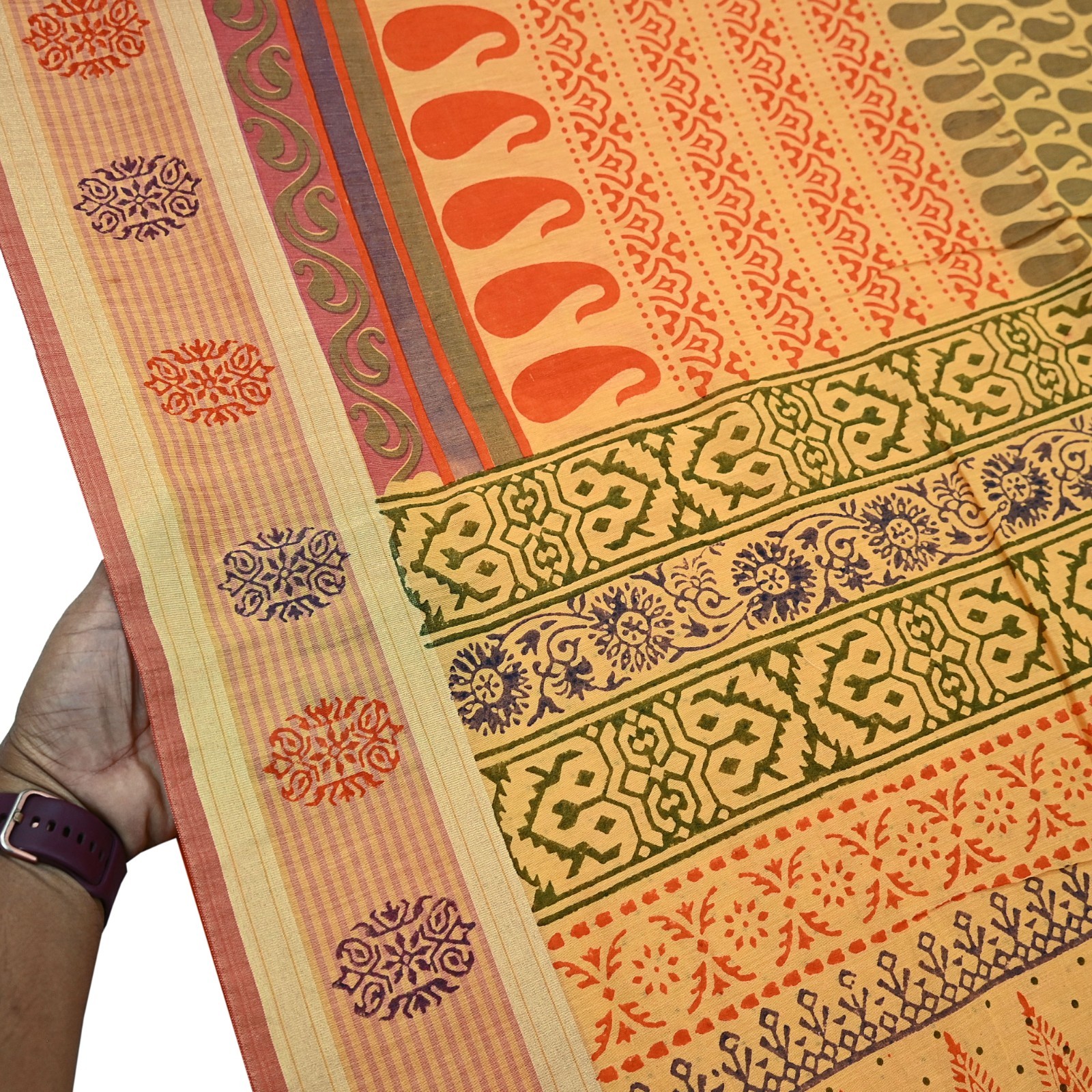 Indian Vintage Yellow Block Printed Pure Chanderi Silk Saree Floral Zari Fabric