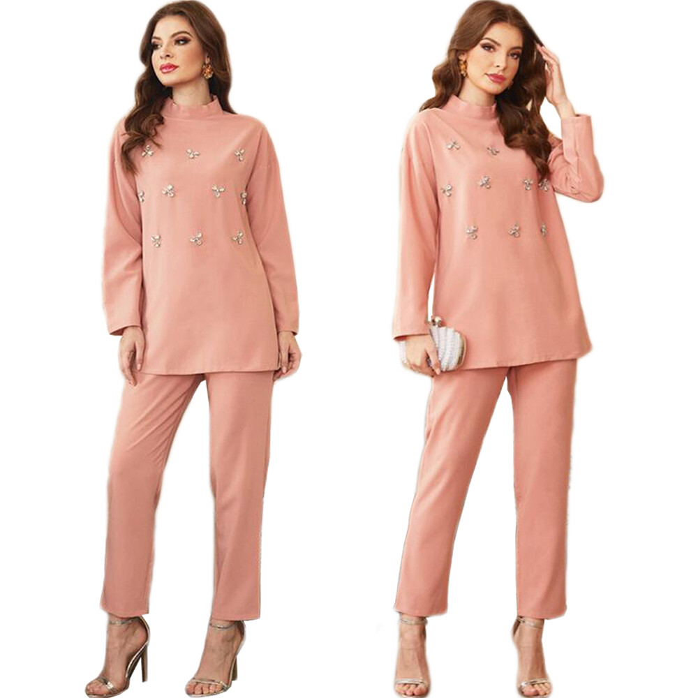 Muslim Women Abaya Set Two Piece Long Blouse Pants Kaftan Jilbab Islamic Clothes