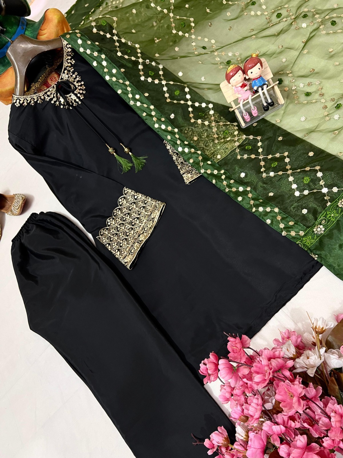 Designer French Crepe Silk Kurti Pant Set with Embroidered Organza Dupatta
