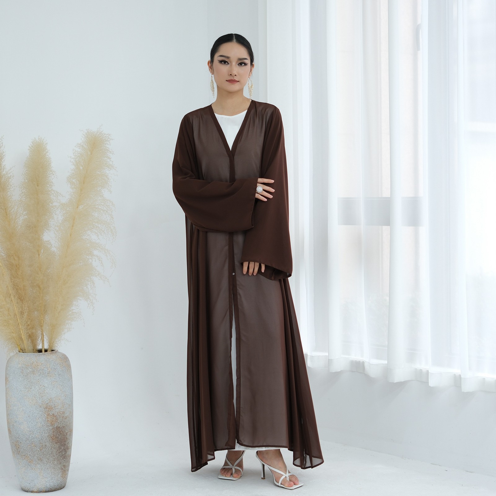 Dubai Women Open Abaya With Hijab Elegant Loose Cardigan Solid Color Inner Dress
