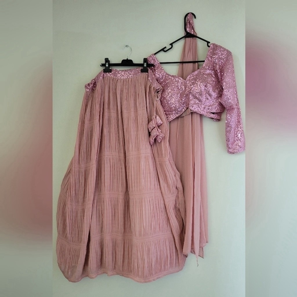 Georgette Pletting Pattern Lehenga Choli with Sequins-Thread Embroidered Pink