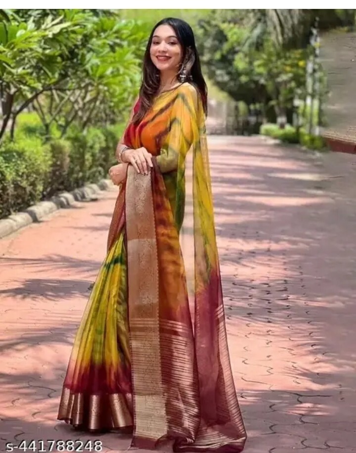 Designer Indian Organza Multicolor Saree With Unstitched Blouse Piece For Women