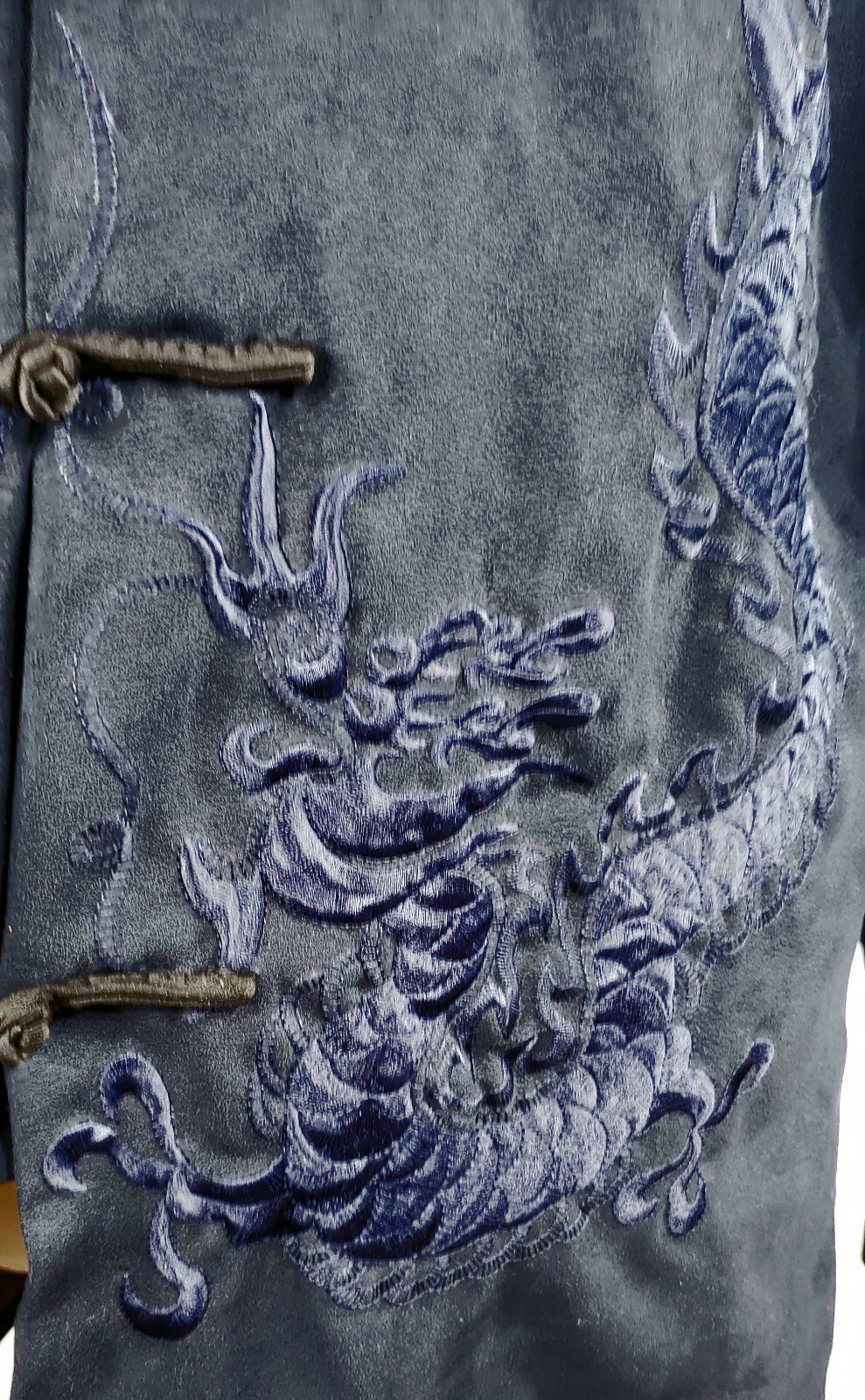 Beijiasi – Navy Blue Microfiber Mandarin Jacket – Heavy Embroidered Dragons – XL