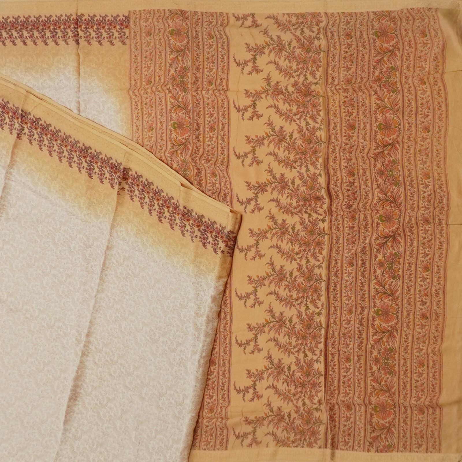 Vintage Cream Sarees 100% Pure Crepe Silk Printed Indian Sari 6YD Craft Fabric