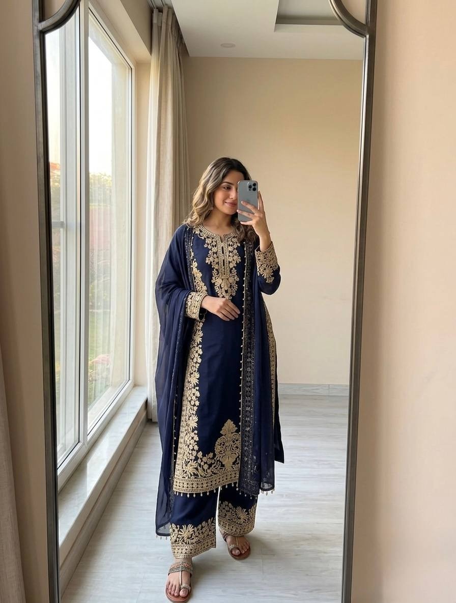 New Designer Georgette Blue Top Palazzo With Dupatta For Indian Party Wear