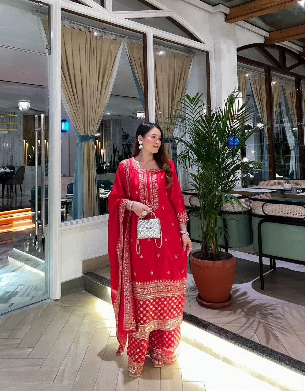 Exclusive Red Chinon Silk Palazzo Suit With Dupatta For Traditional Wear