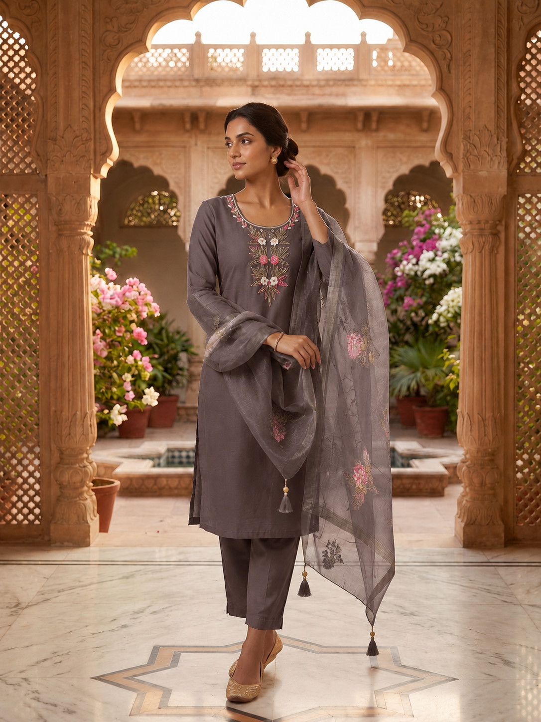 Women Floral Anarkali Kurti Pant Dupatta Set Pure Cotton Ethnic Indian Dress