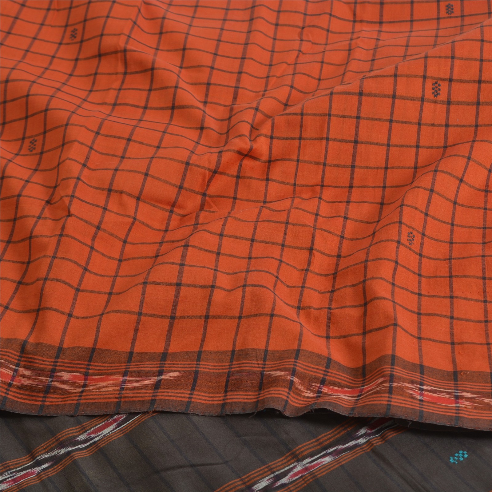 Sanskriti Vintage Rare Saree Ikat Handwoven Blend Cotton Orange Sari 5Yd Fabric