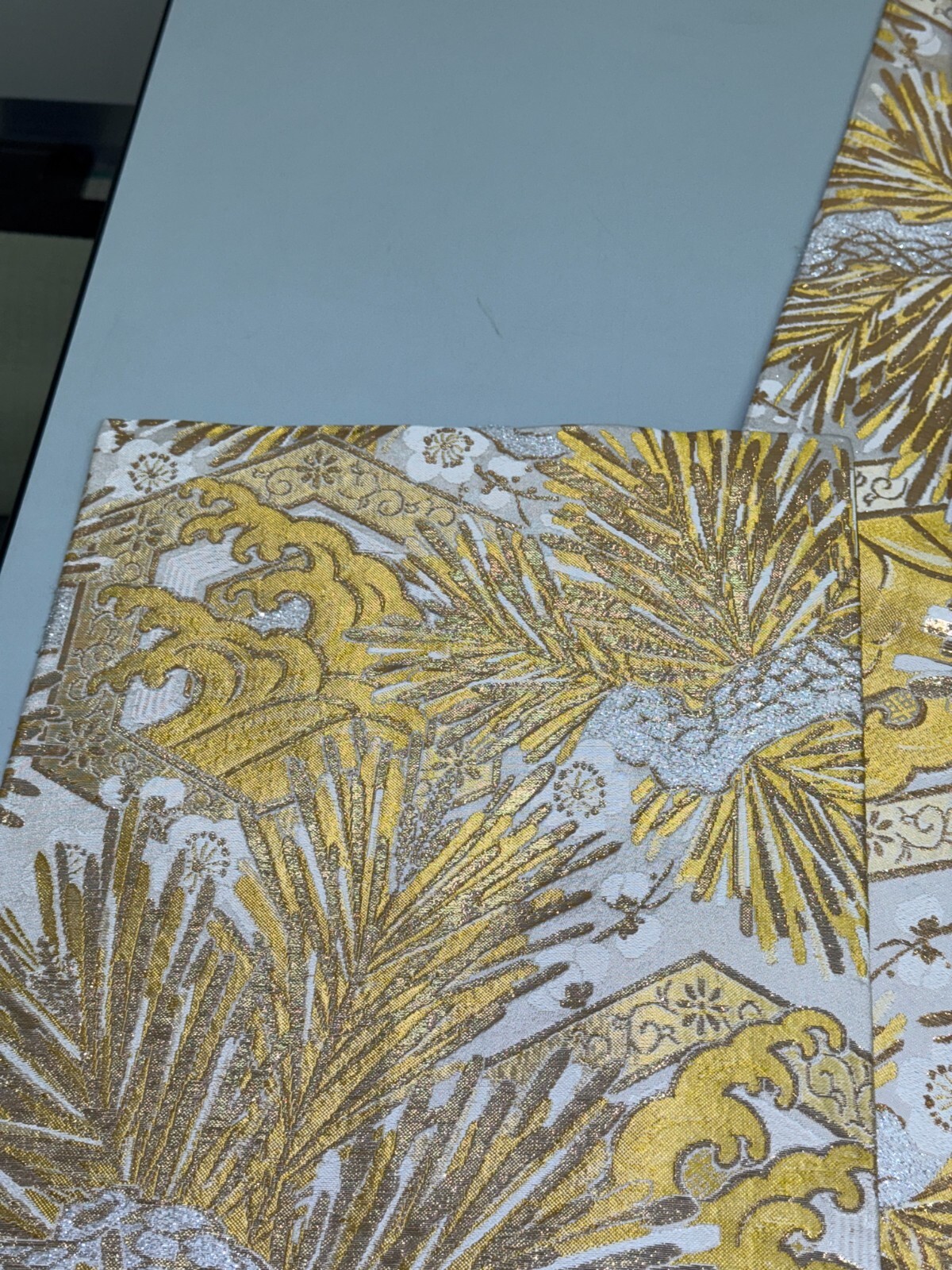 Japanese Vintage Kimono Maru Obi silk Gold Embroidery Reversible 153.5×11.8in