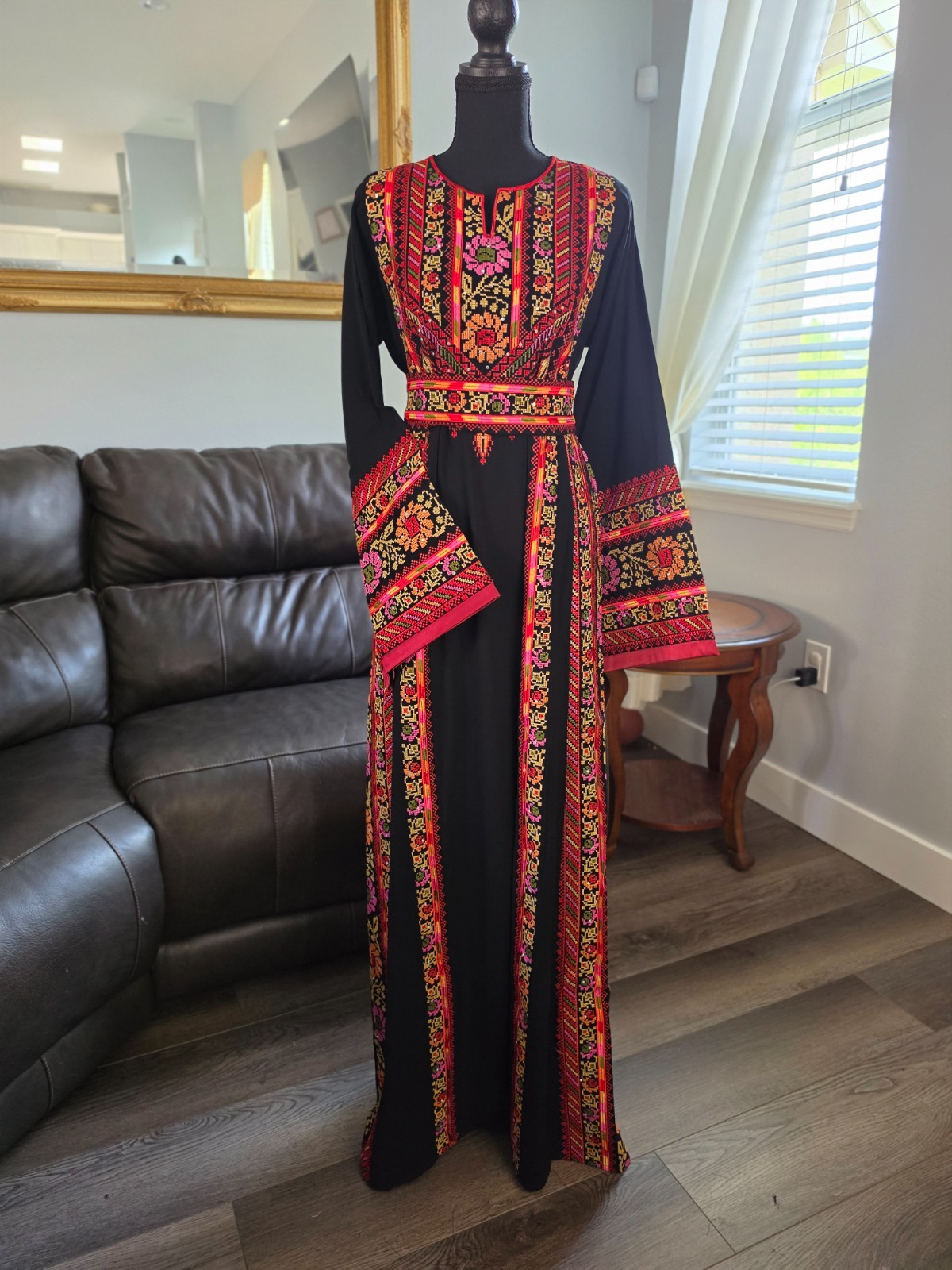 Black Jordanian Palestinian Thobe Dress Abaya Full Colorful Embroidery tatreez