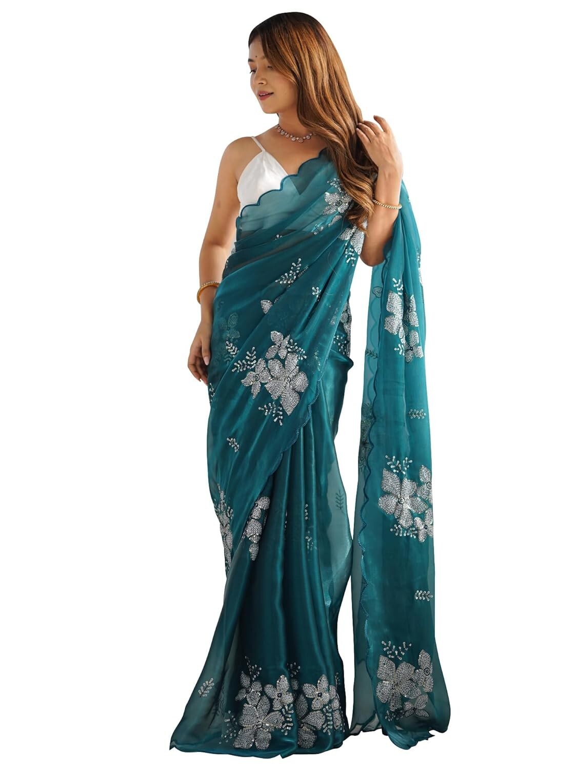 Women’s Shimmer Organza Sequence Embroidery Saree With Unstitched Blouse Piece