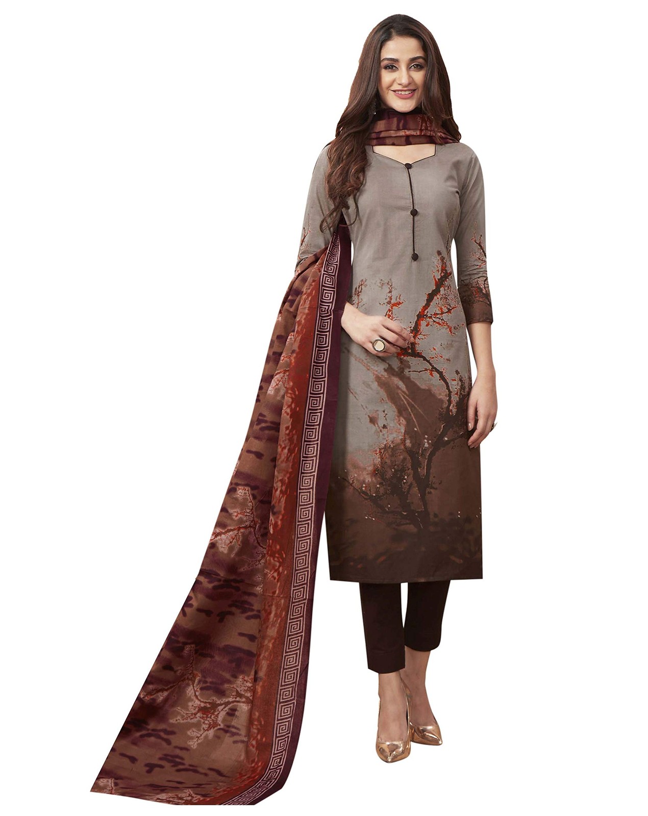 Miraan Cotton Printed Salwar Suit for Women Brown Readymade Medium Size