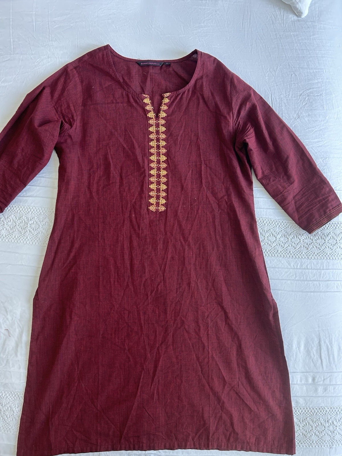 Rangmanch Maroon Cotton Kurta Tunic Medium M Gold Embroidered V-Neck Women’s