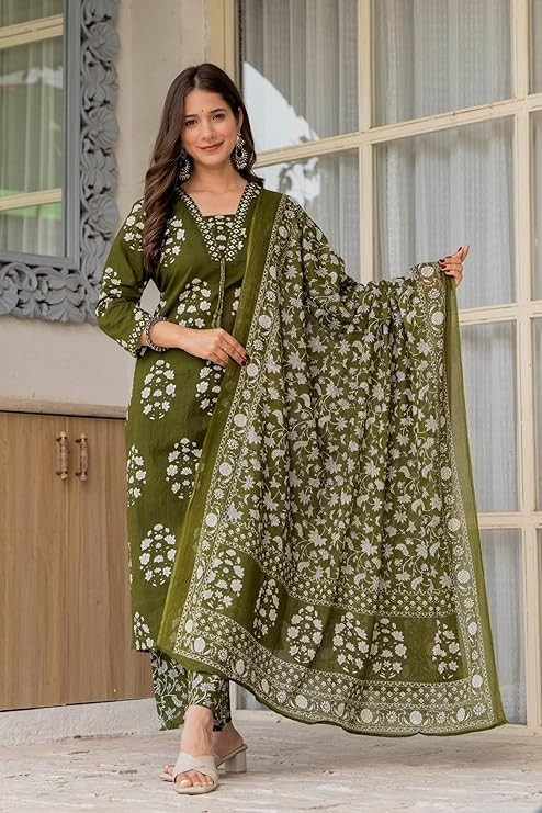Women’s Pure Cotton Printed Straight Kurta Set with Palazzo Pants & Dupatta