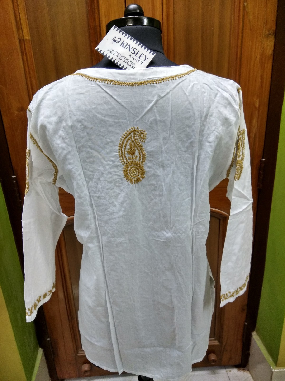 HANDMADE KURTI BLOUSE L 42″ TUNIC TOP KURTA ETHNIC 100% COTTON CHIKAN EMBROIDERY