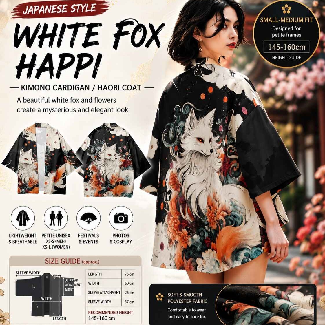 Japanese White Fox Happi Haori Kimono Cardigan Festival Cosplay Jacket Unise…