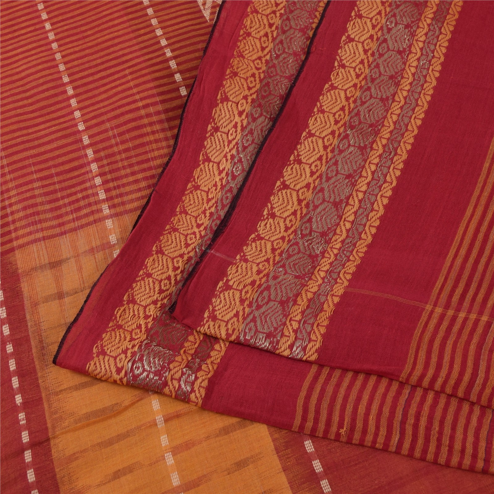Sanskriti Vintage Sarees Red & Yellow Beghampuri Woven Pure Cotton Sari Fabric
