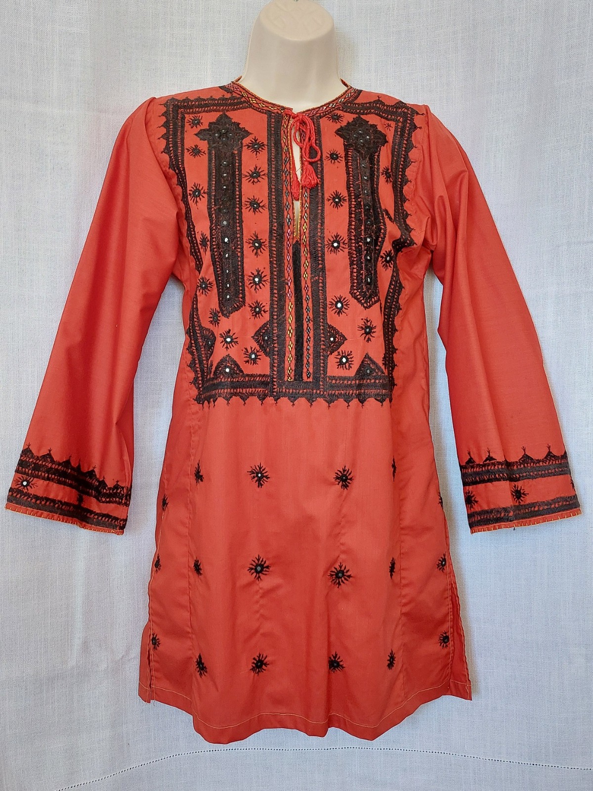 Boho Embroidered Tunic Dress Red/Black Kurta Tassel Folk Long Sleeve, S/M