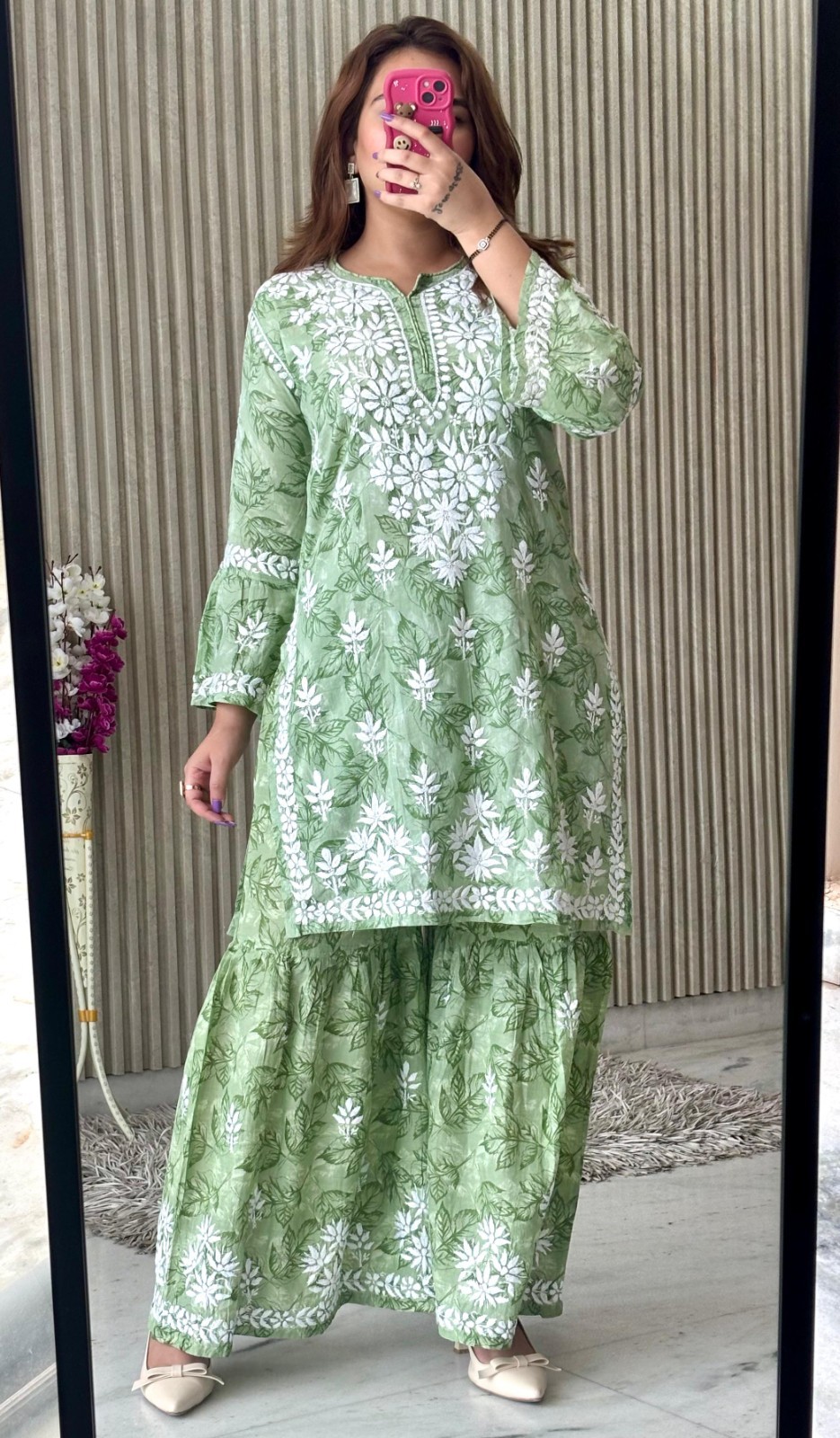 Premium Lucknowi Chikankari Printed Mal Mal Bell Sleeves Co-Ord Gharara Set