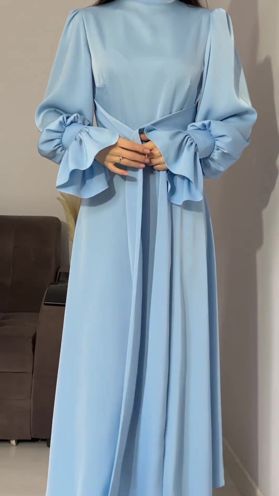 Women Long Dress Lantern Sleeves High Neck Party Plain Color Gown Lace Up Dress