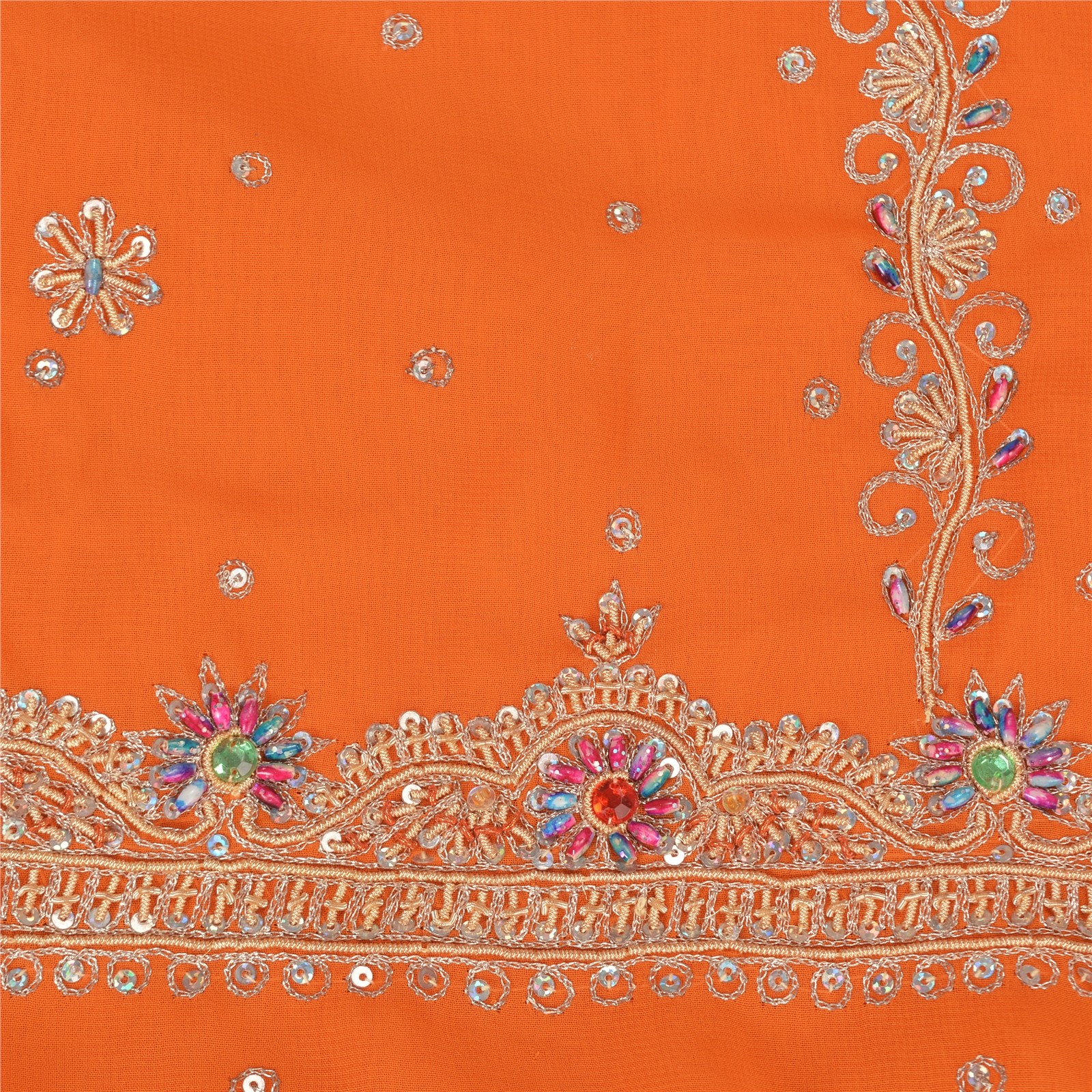 Sanskriti Vintage Orange Saree Pure Georgette Silk Hand Beaded Fabric Sari