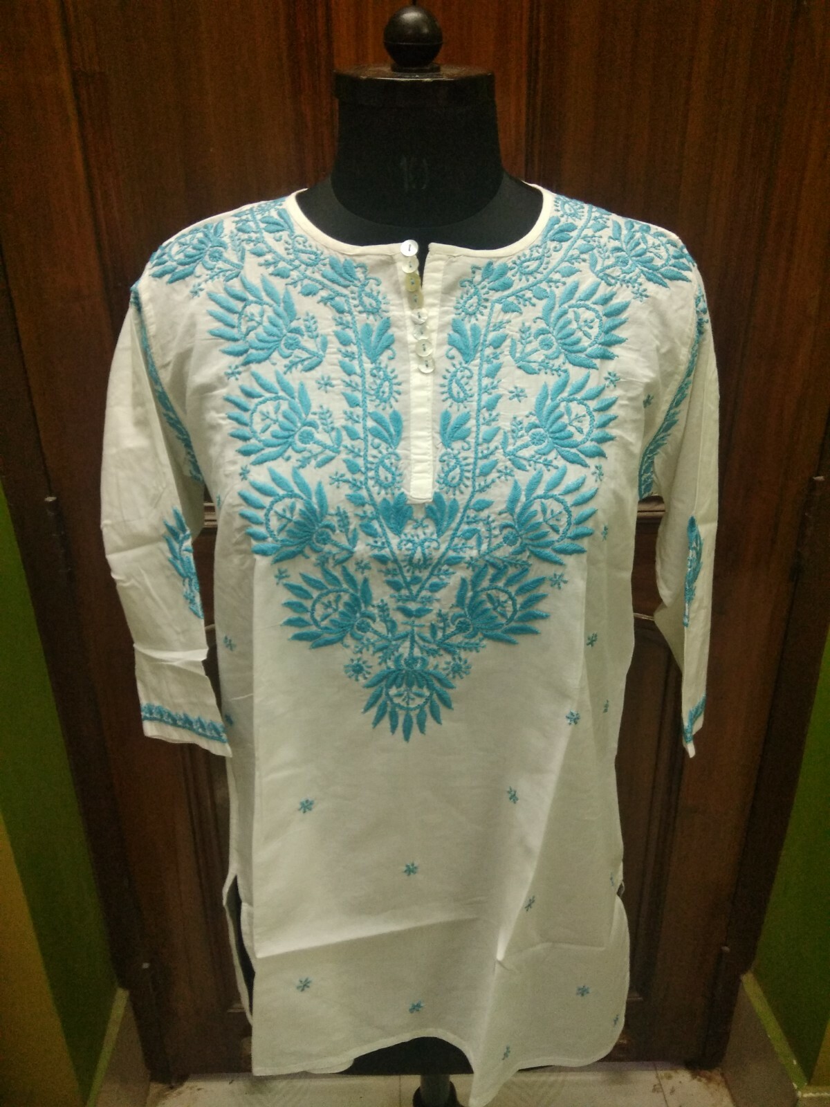 L 43″ ETHNIC CHIKAN EMBROIDERY 100% COTTON HANDMADE KURTA KURTI TOP TUNIC BLOUSE
