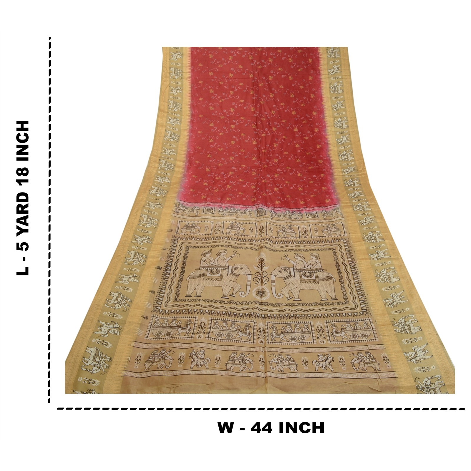 Sanskriti Vintage Sarees Red/Brown Animal Human Printed Pure Silk Sari Fabric