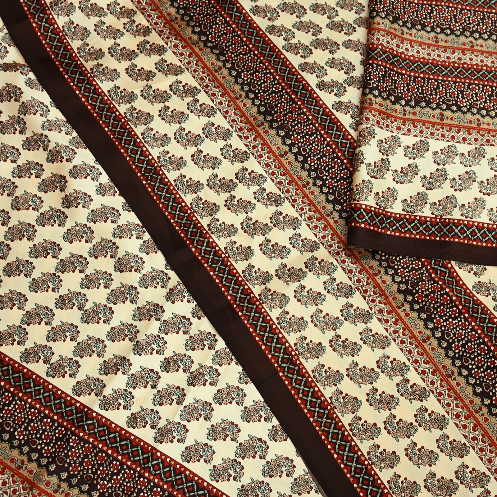 Indian Vintage Saree Beige Satin Printed Sari 5yd Sewing Floral Soft Craft Fabri