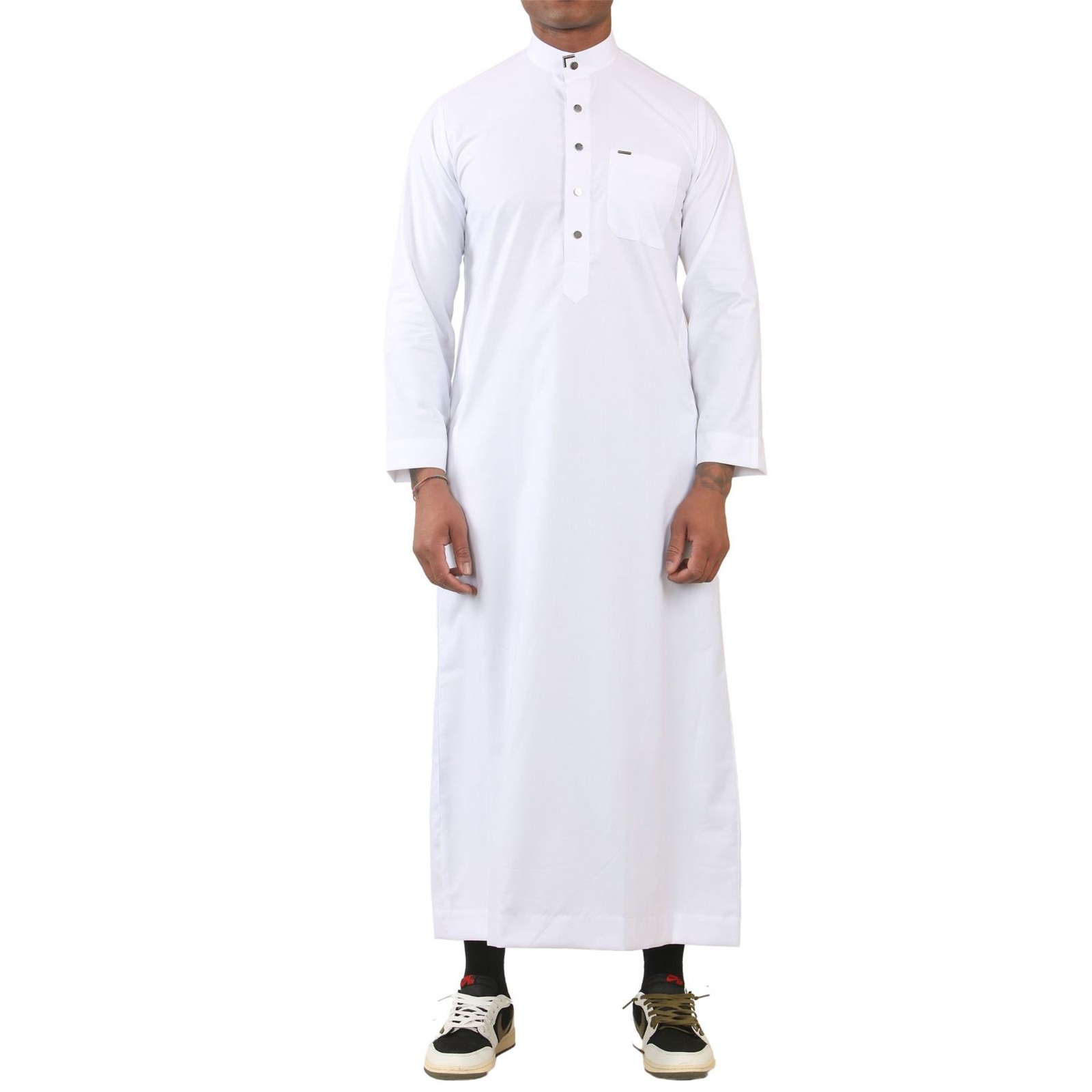 TT-005 – Men’s White Saudi Emirati Thobe Nehru High Collar