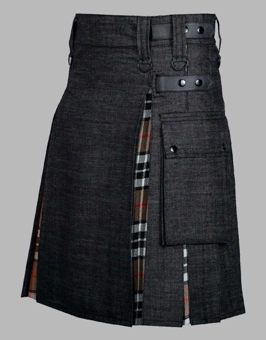 Mens Scottish Black Denim Hybrid Kilt Leather strap Kilt Tartan Inner Pleat Kilt