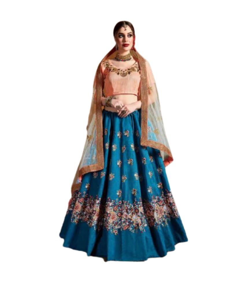 New Readymade Peach and Blue Floral Silk Lehenga Choli Sizes (36 and 38)